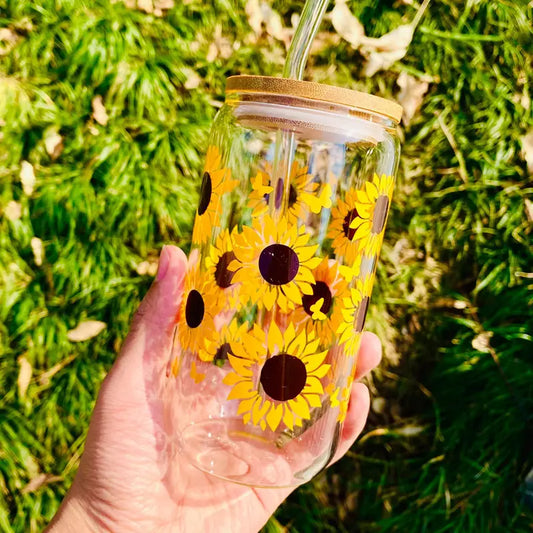 Sunflower Drinking Glass With Lid And Straw